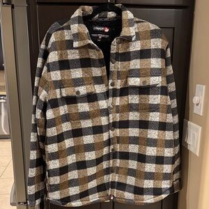 Canada Weather Gear Plaid Sherpa Shirt Jacket.  Men’s size Large Brown/Black/Tan